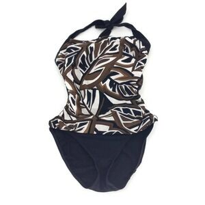2Bamboo Womens One Piece Swimsuit Black Brown Floral Stretch Halter Neck Tie 8